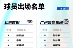 北京VS广州大名单：赵睿周琦徐昕陈国豪在列 麦考尔宋昕澔缺阵